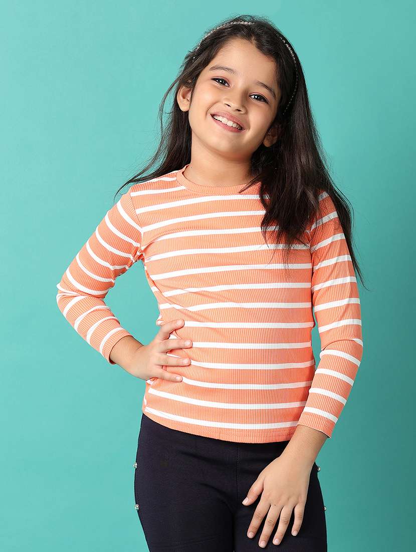 girls striped printed round neck tee