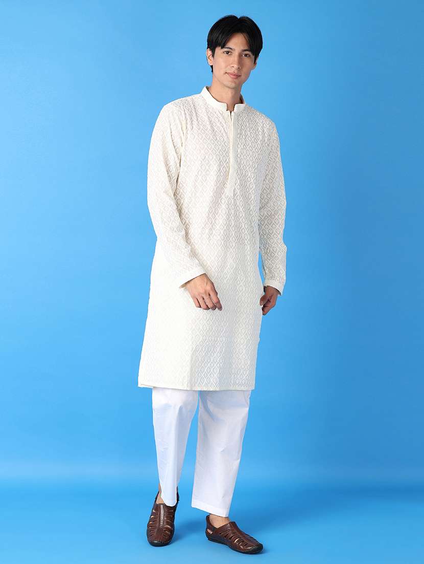 men cream self-designed kurta pyjama set - 21492516 -  Standard Image - 1