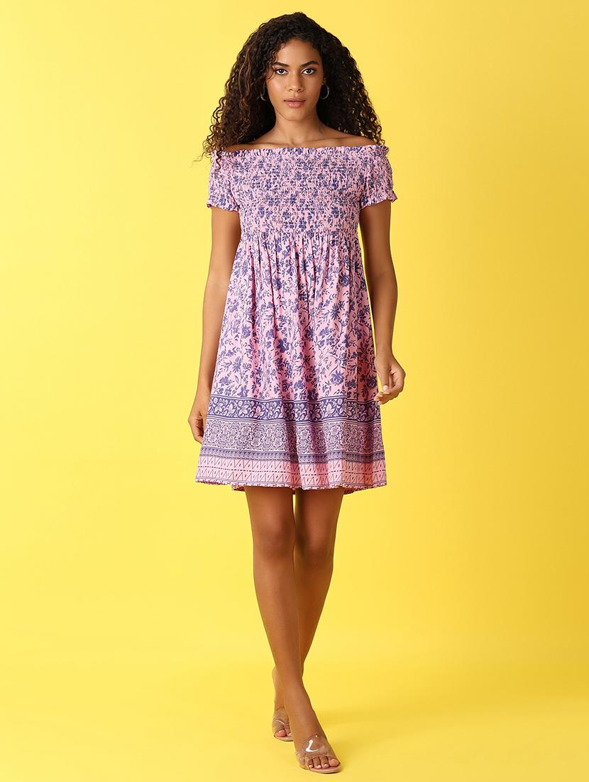 women printed smocked detailed a-line dress - 21492556 -  Standard Image - 1