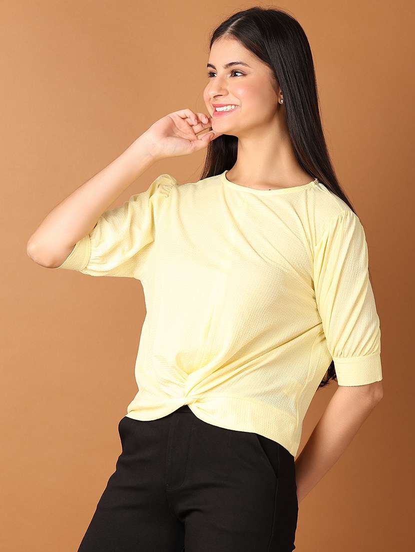 women yellow solid round neck top - 21492567 - Standard Image - 1