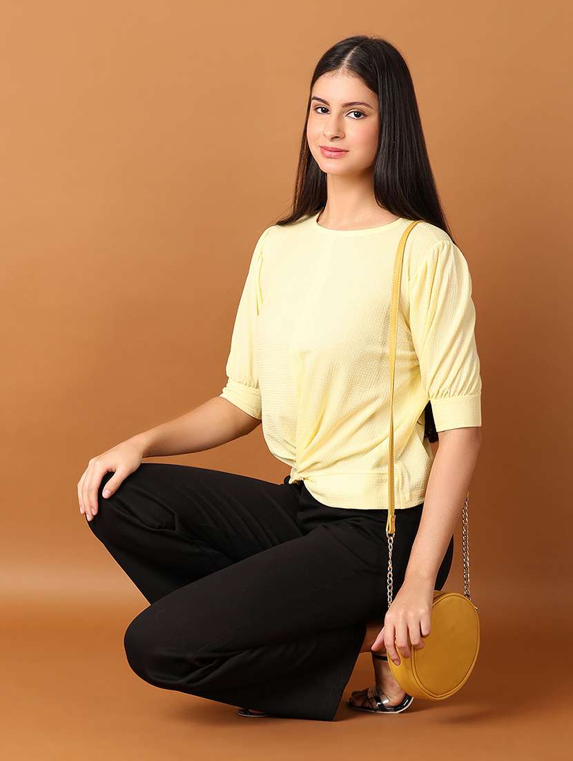 women yellow solid round neck top - 21492567 - Standard Image - 4