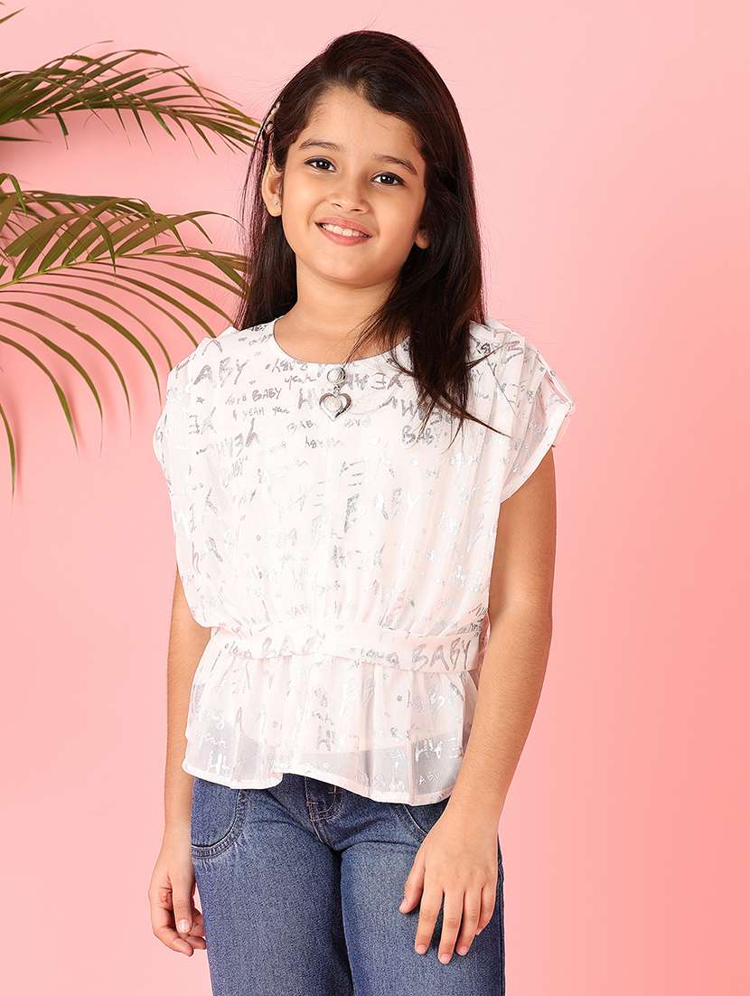 girls white foil print round neck top
