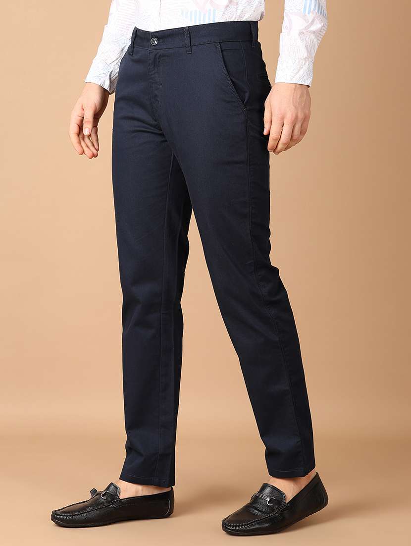 men navy blue solid chinos casual trouser - 21492801 -  Standard Image - 1