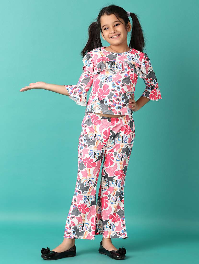girls printed round neck top & trouser set