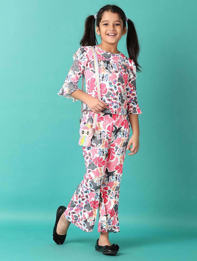 girls printed round neck top & trouser set - 21493243 -  Standard Image - 1