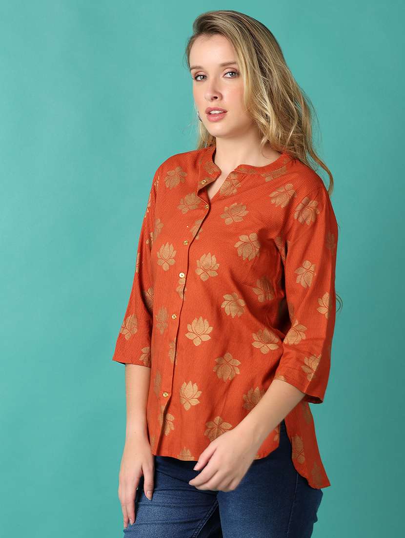 women brown floral printed shirt top - 21493430 - Standard Image - 1