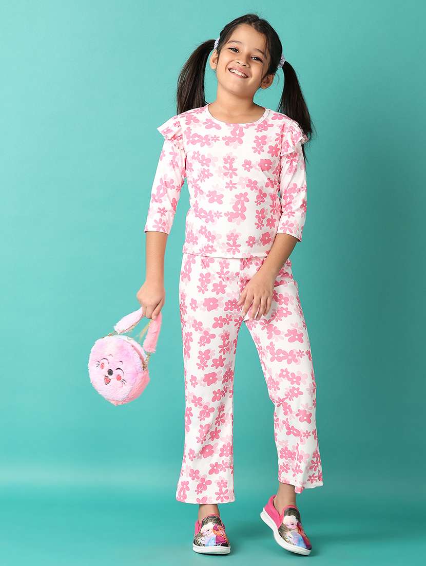 girls floral printed round neck full length set