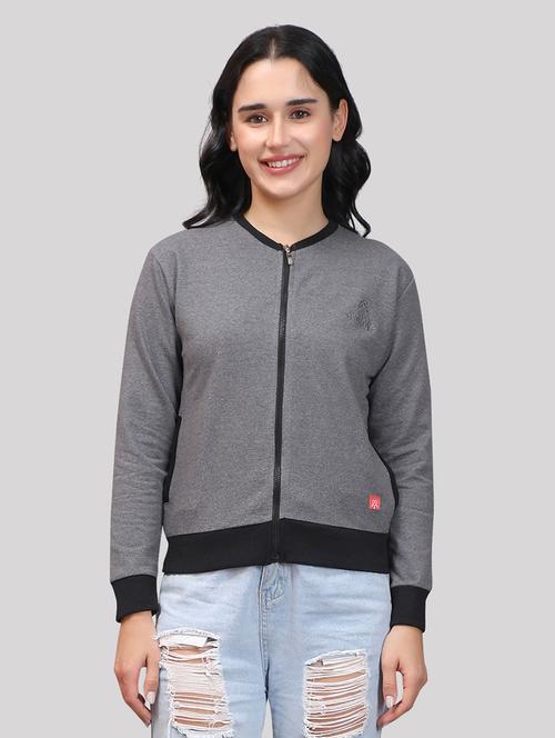 women grey melange fleece bomber jacket - 21493516 - Standard Image - 0