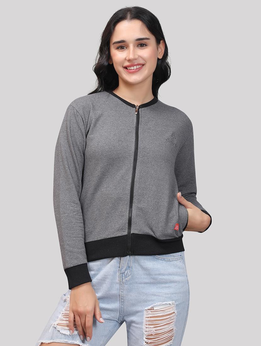 women grey melange fleece bomber jacket - 21493516 - Standard Image - 1