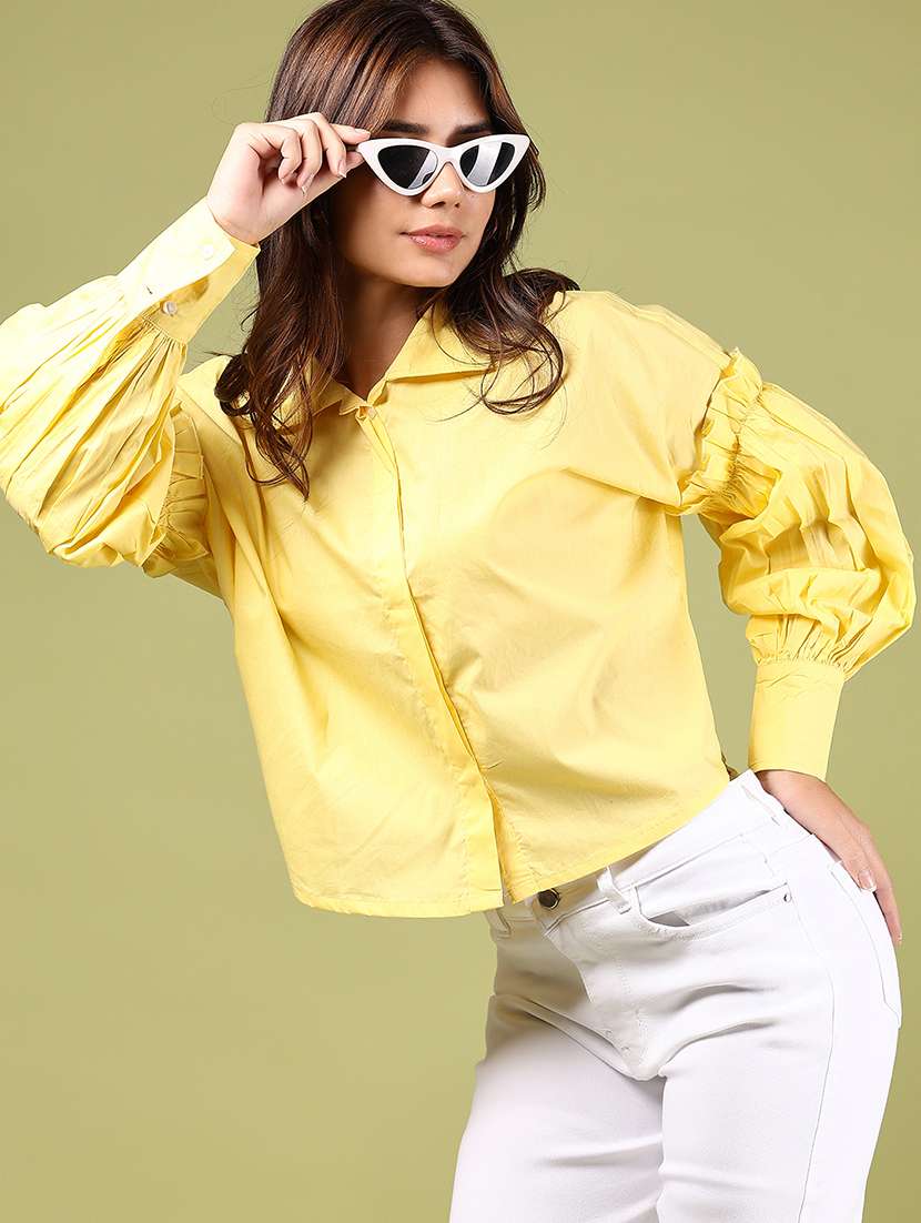 women yellow solid long sleeve shirt top