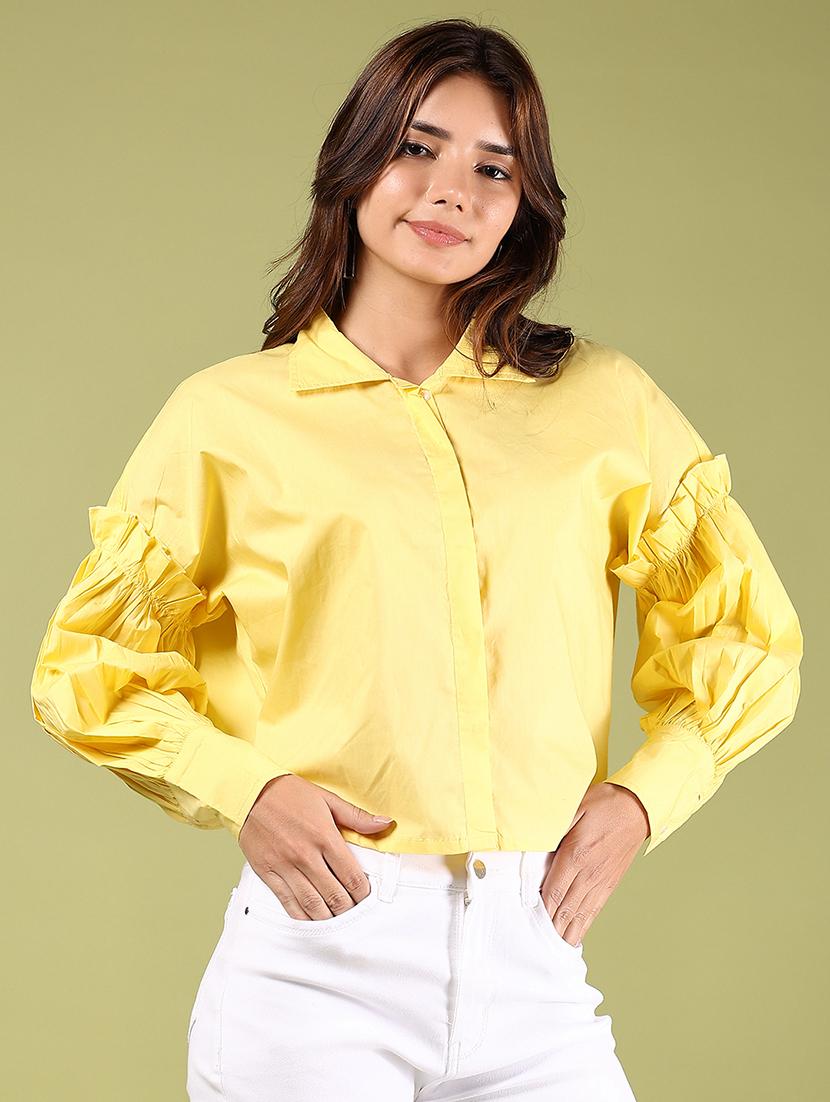 women yellow solid long sleeve shirt top - 21493644 -  Standard Image - 1