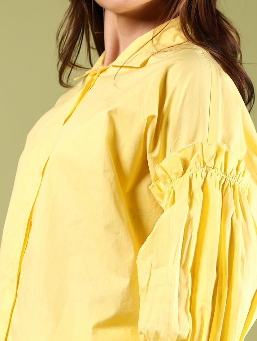 women yellow solid long sleeve shirt top - 21493644 - Standard Image - 4