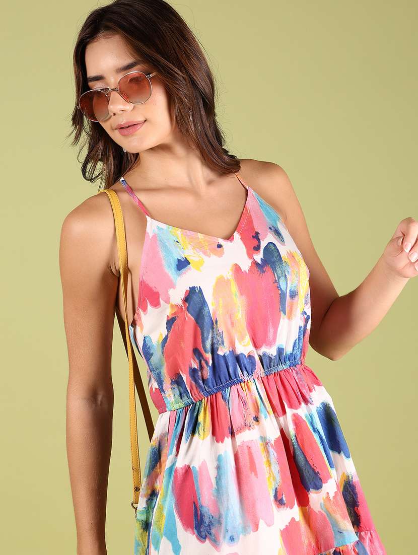 women printed shoulder strap tiered dress