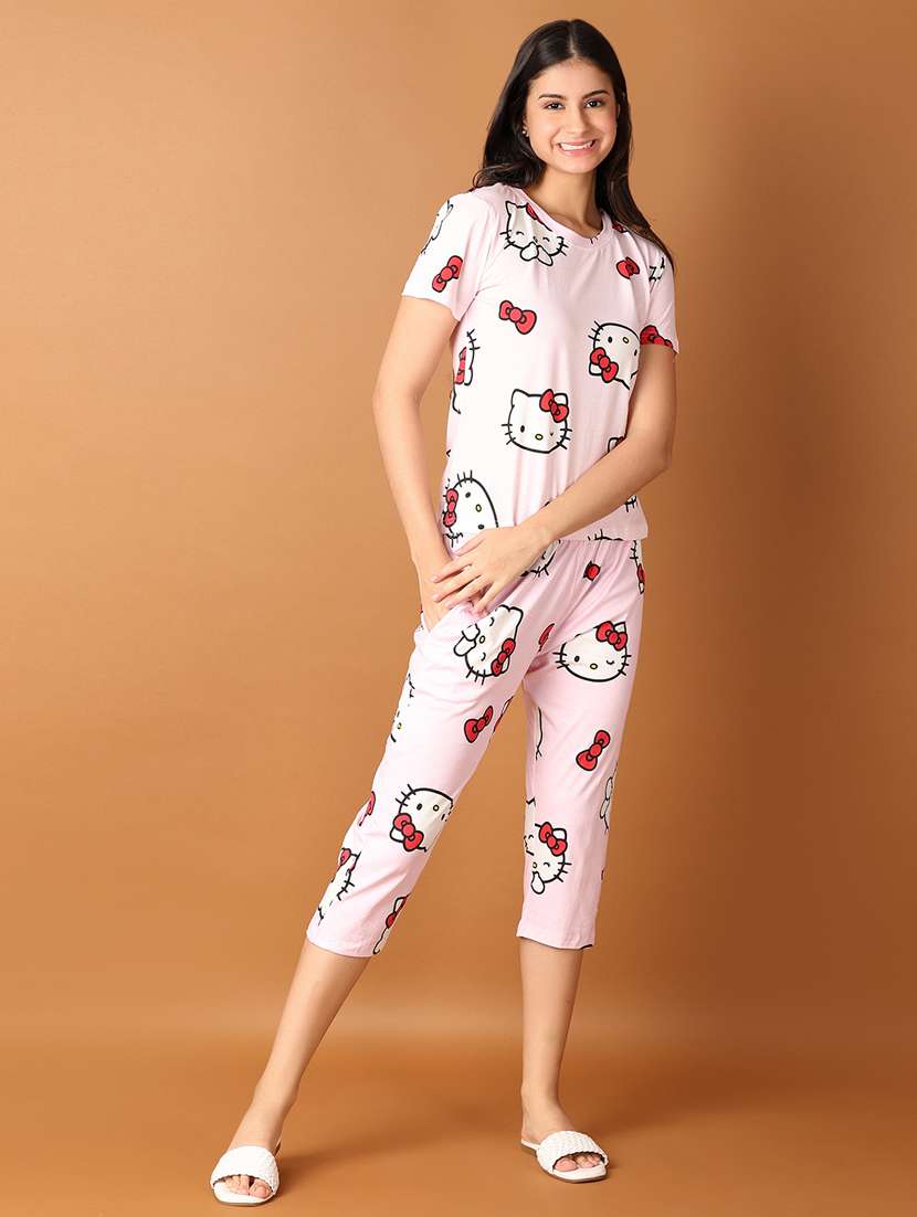 women printed round neck top & capri set - 21494009 -  Standard Image - 1