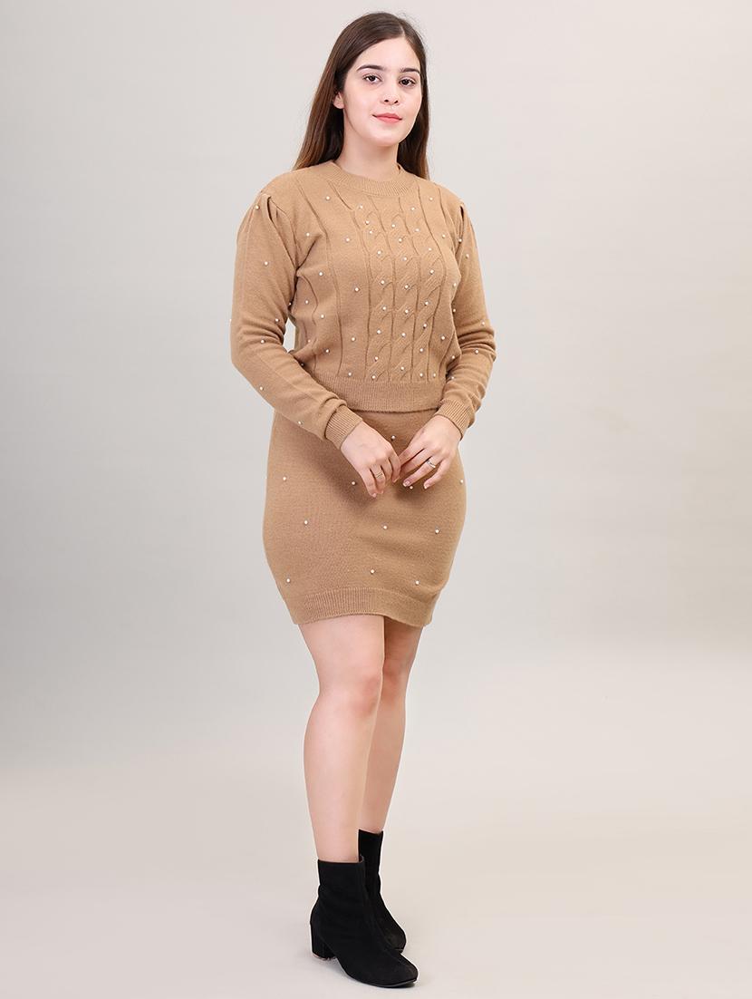 women khaki wool top & skirt co-ord set - 21494102 - Standard Image - 1