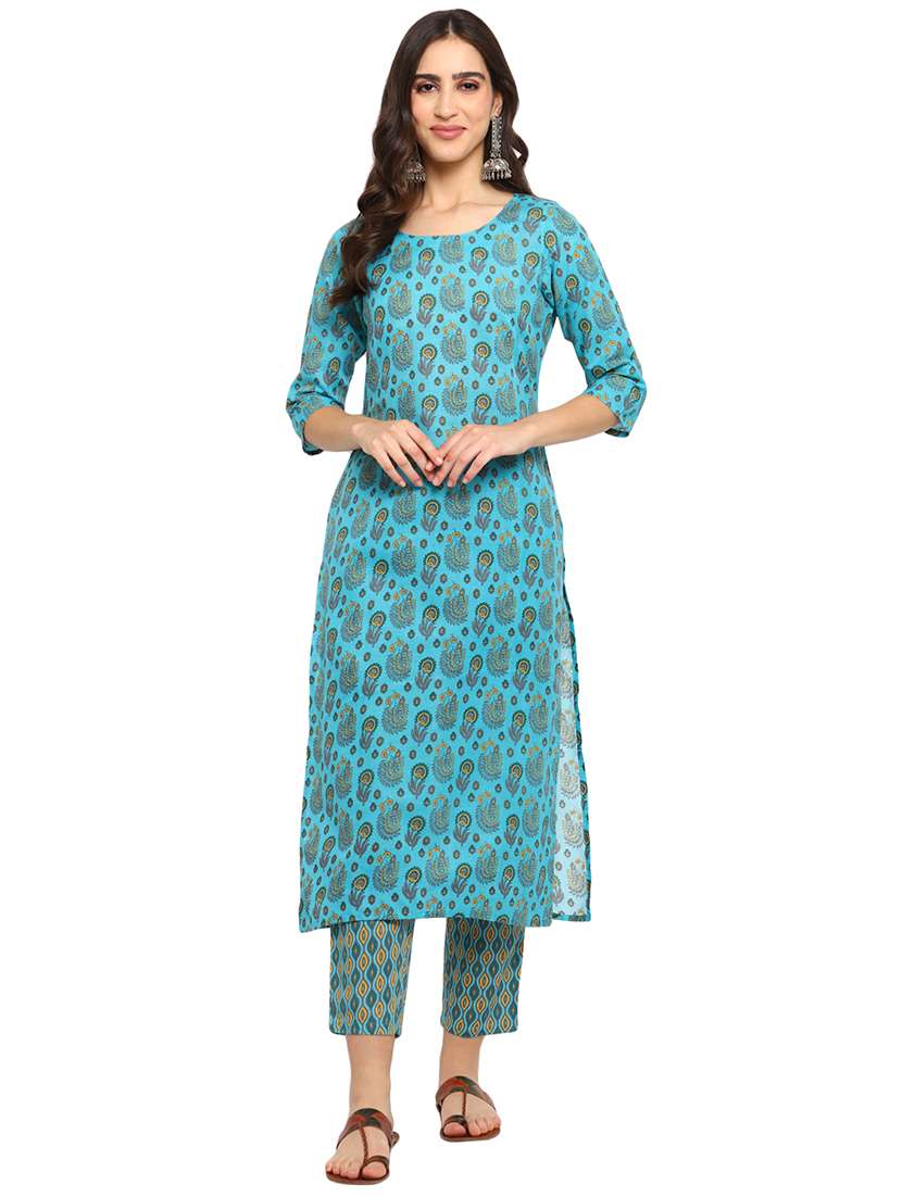 women blue printed kurta pant set