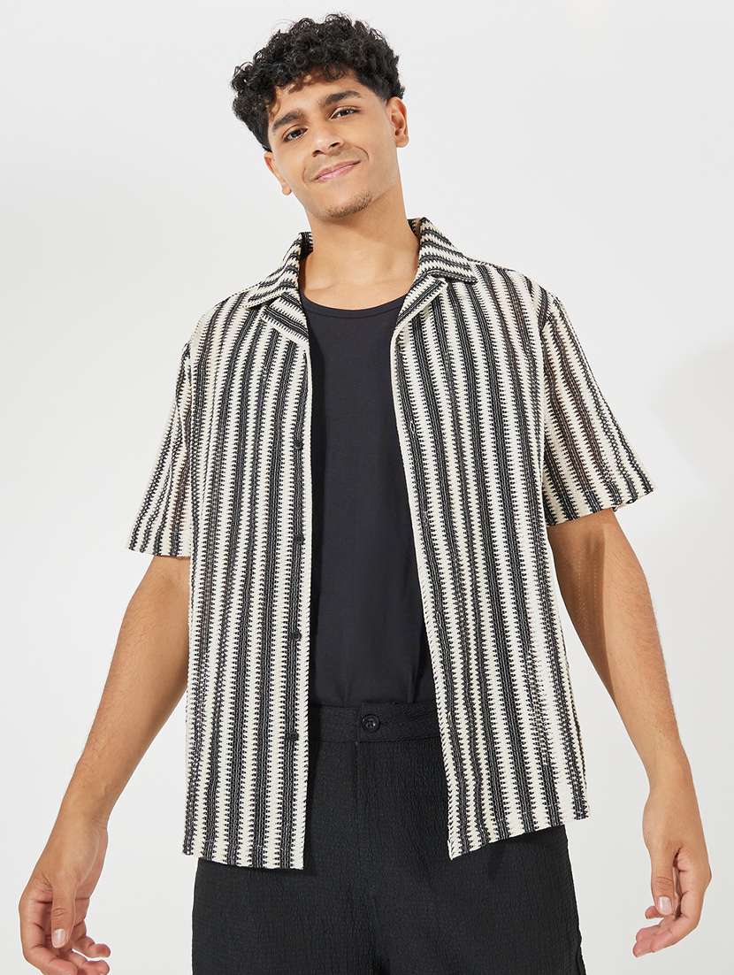 men cuban collar stripes casual shirt - 21494228 -  Standard Image - 1