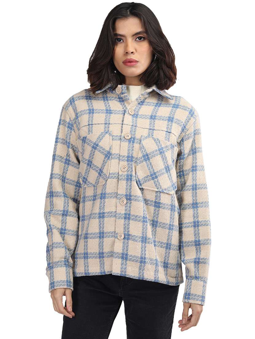 women cream long sleeves shackets