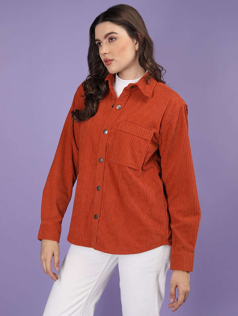 women rust long sleeves shackets