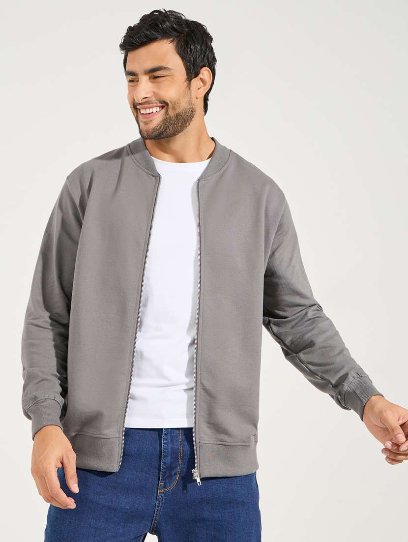 men grey solid casual jacket