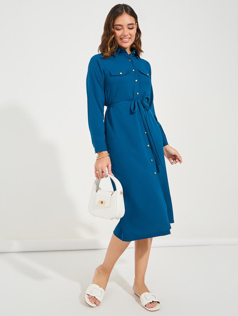 women teal polyester shirt dress - 21494334 - Standard Image - 1