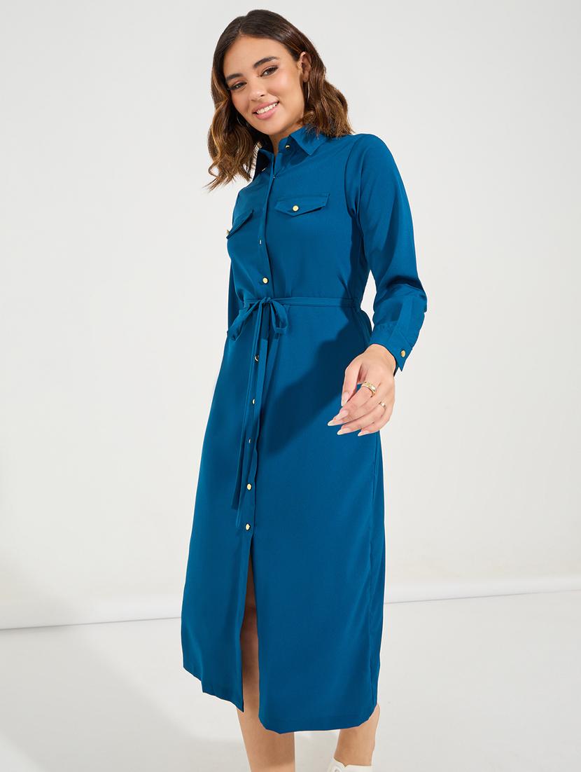 women teal polyester shirt dress - 21494334 - Standard Image - 4