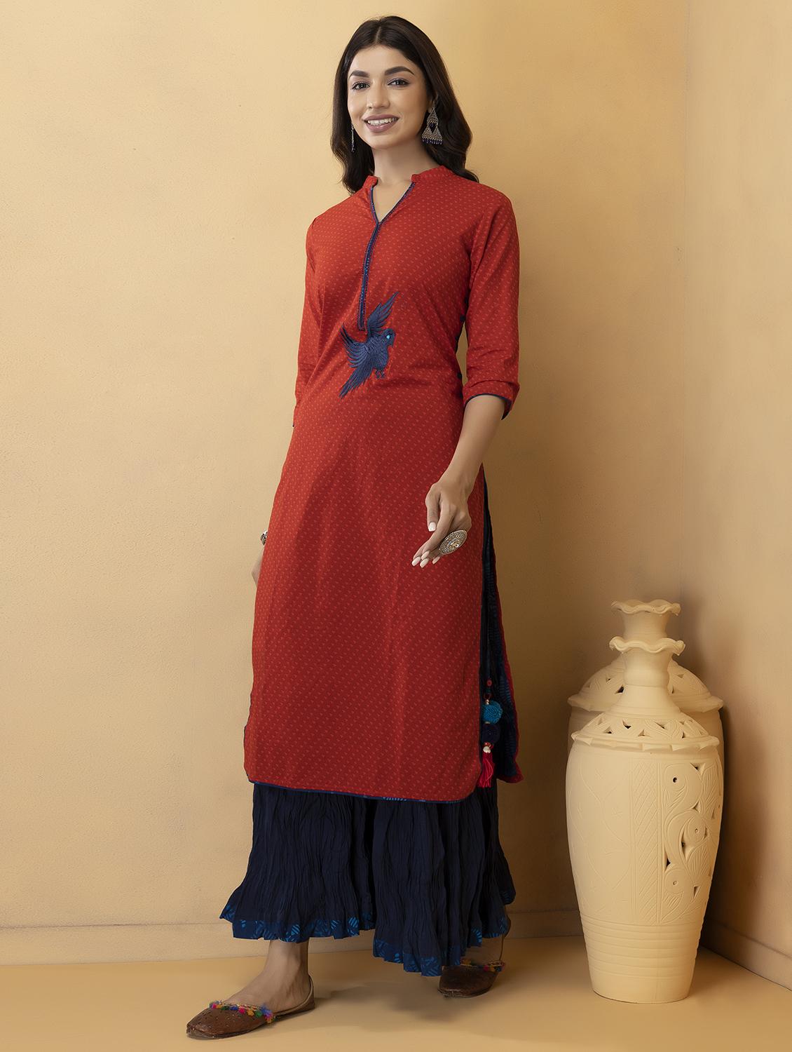 red embroidered straight kurta - 21494831 - Standard Image - 1