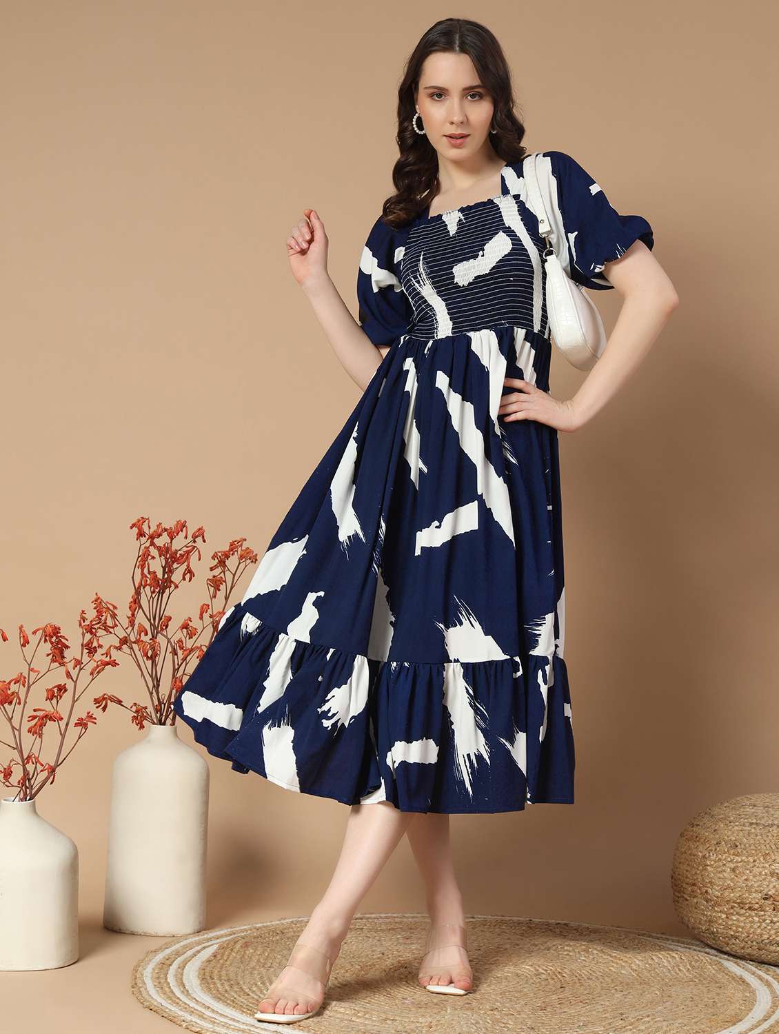 women navy blue crepe fit and flare dress