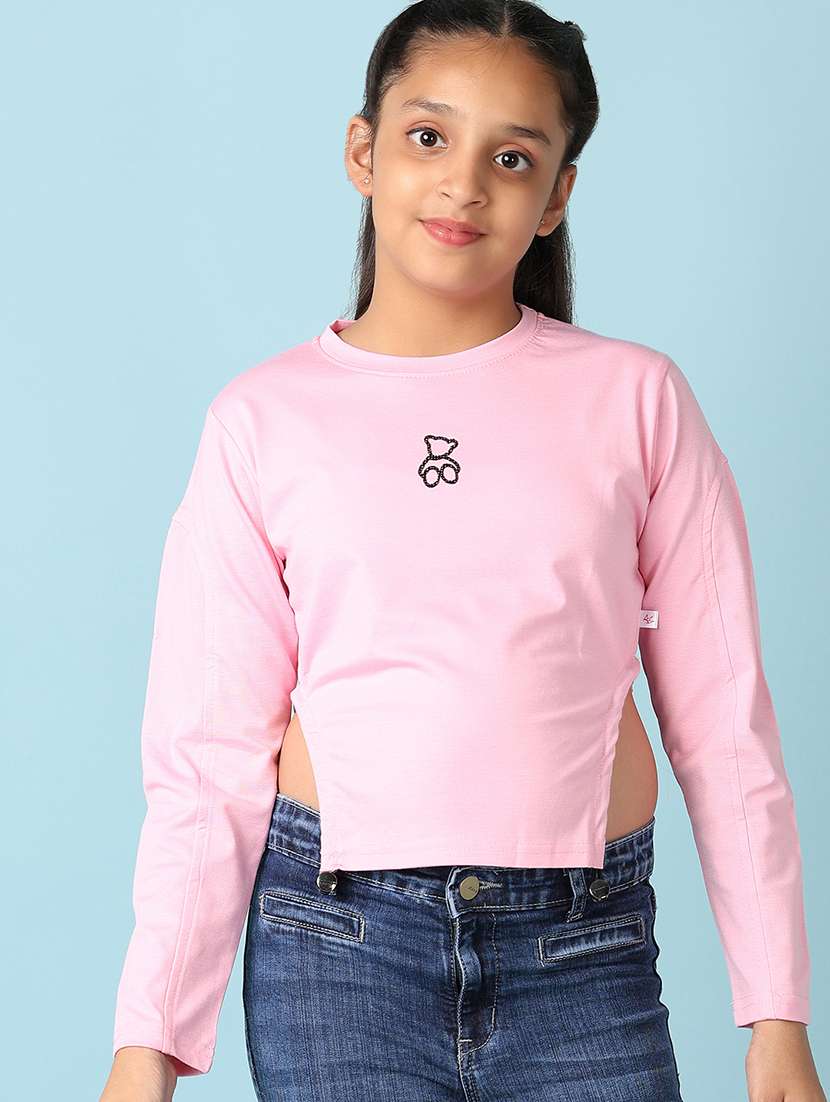 girls chest printed side cut detailed long sleeves tee - 21495235 -  Standard Image - 1