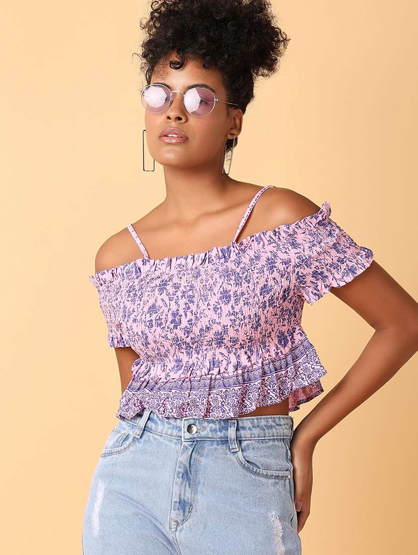 women printed off shoulder crop top - 21495236 -  Standard Image - 1