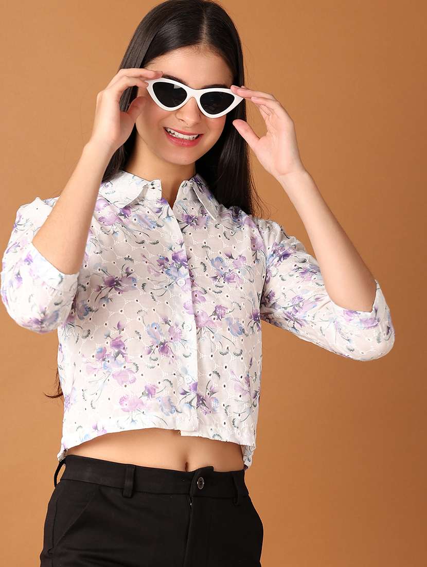 women floral printed three quarter sleeves crop shirt - 21495402 - Standard Image - 1