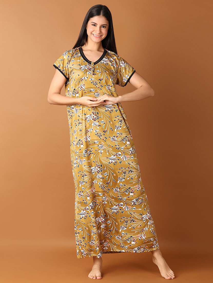 women mustard printed short sleeve nighty - 21495460 -  Standard Image - 1