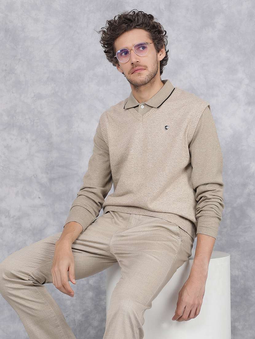 men solid beige cotton pullover - 21495836 -  Standard Image - 1