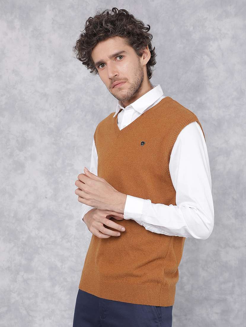 men solid brown cotton pullover