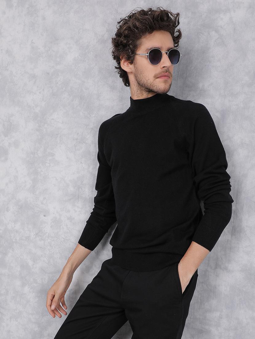 men solid black viscose pullover - 21495851 - Standard Image - 1