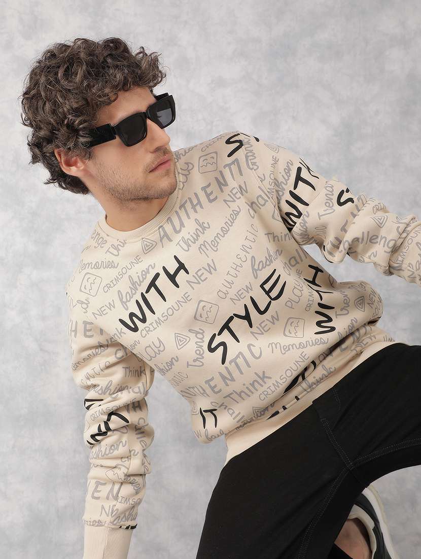 men beige cotton blend all over print sweatshirt - 21495960 -  Standard Image - 1