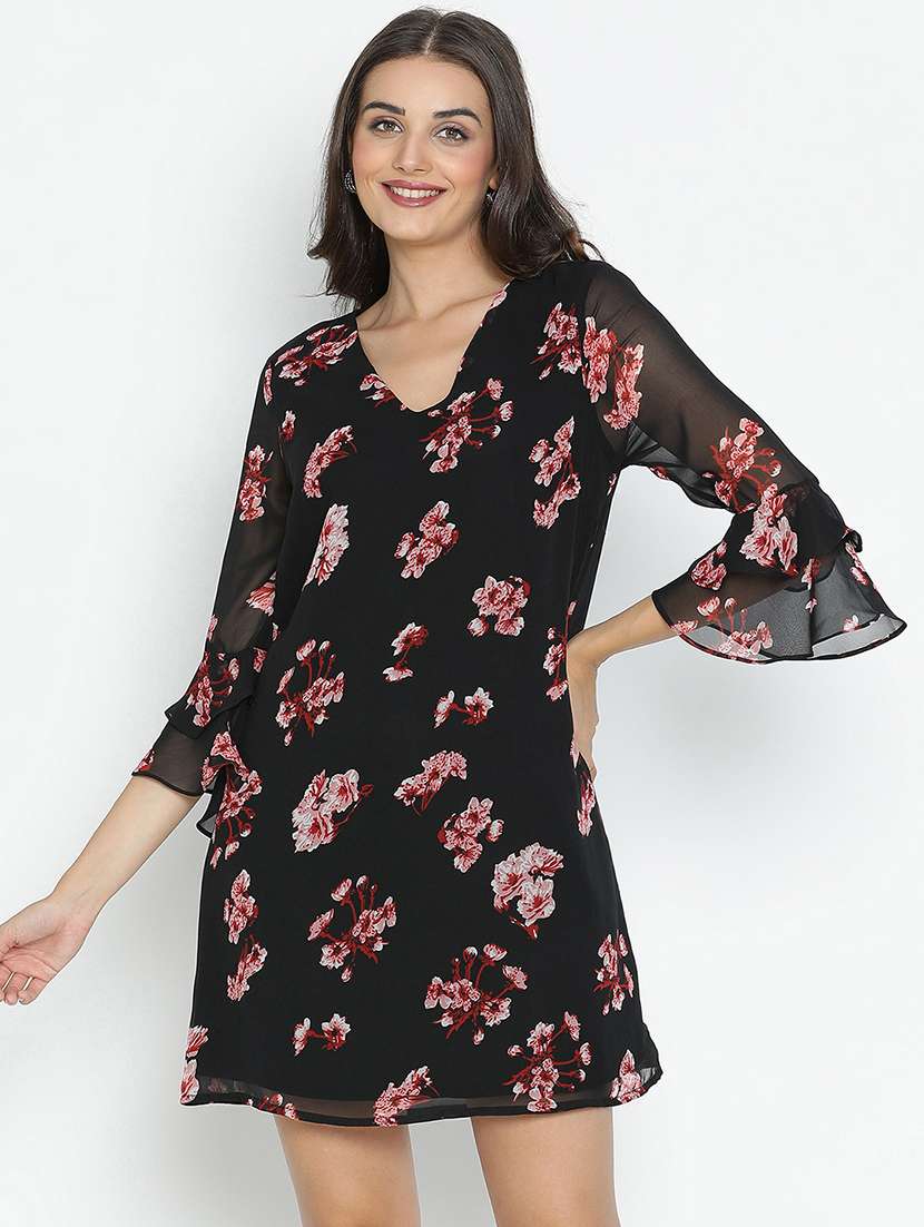 black floral printed fit & flare dress