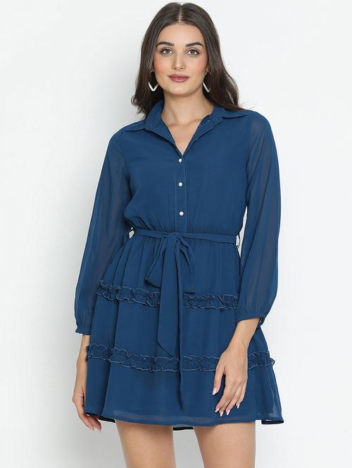 blue solid fit & flare dress - 21496467 -  Standard Image - 0