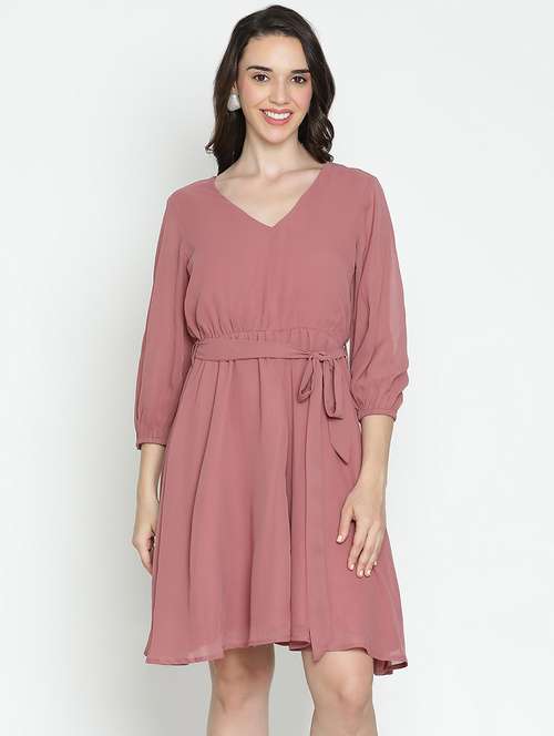 peach solid fit & flare dress - 21496475 - Standard Image - 0