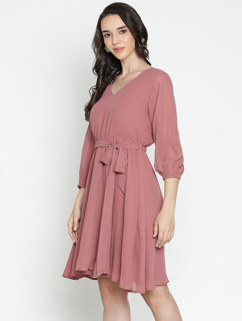 peach solid fit & flare dress - 21496475 -  Standard Image - 1