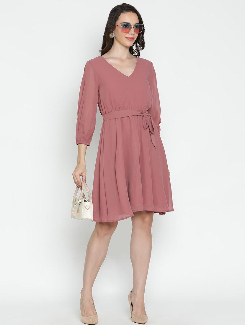 peach solid fit & flare dress - 21496475 - Standard Image - 4