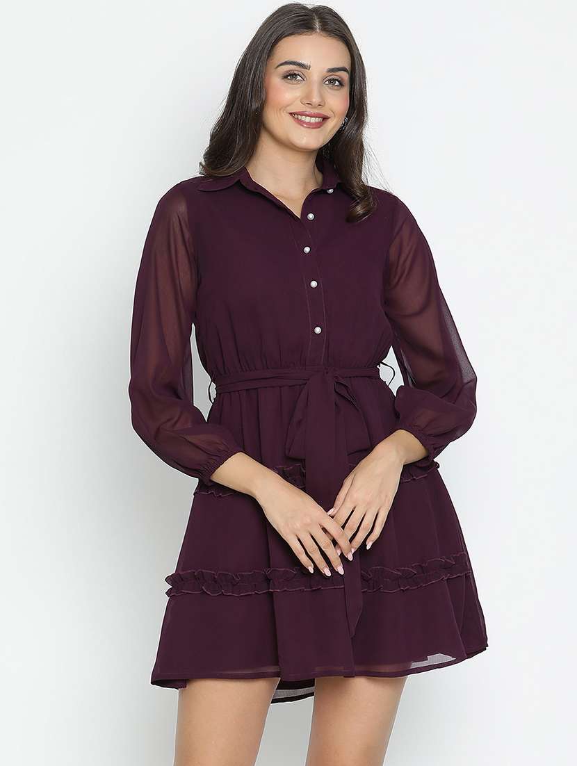 magenta solid fit & flare dress