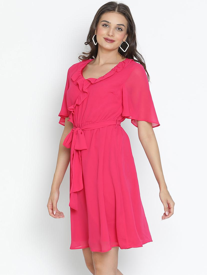 pink solid fit & flare dress - 21496483 - Standard Image - 1