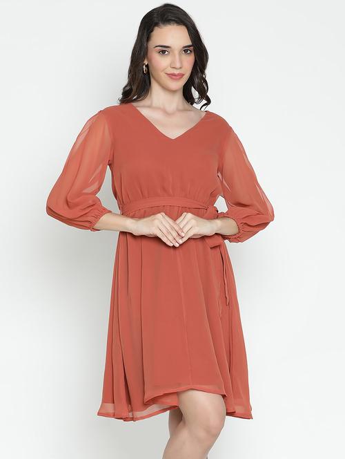 women rust solid fit & flare dress - 21496489 -  Standard Image - 0