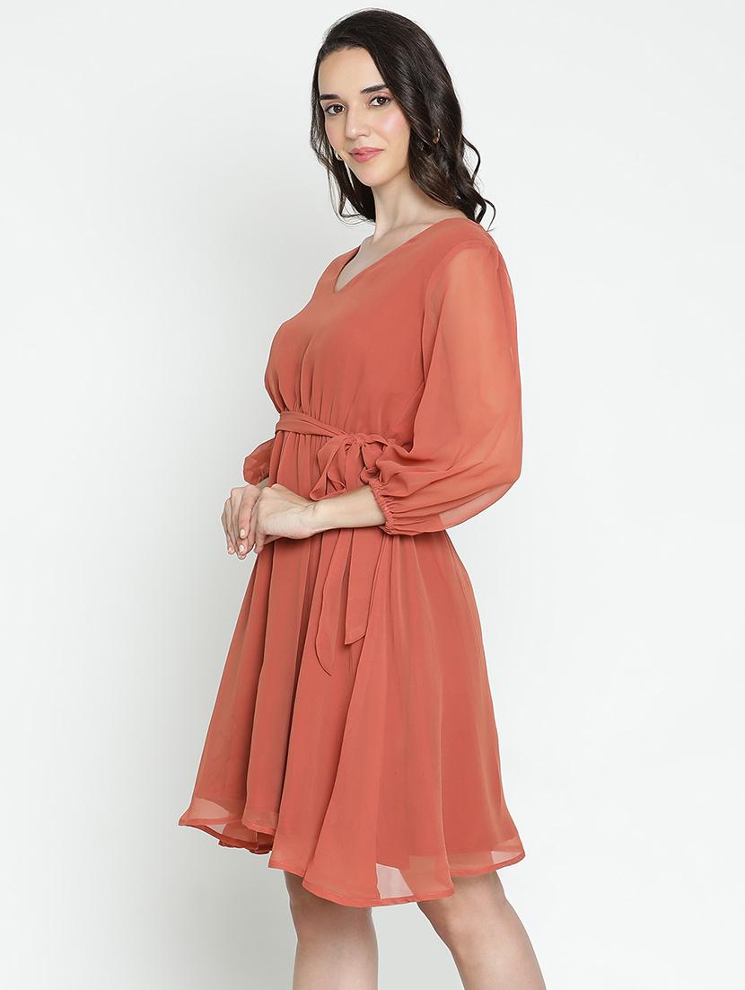 women rust solid fit & flare dress - 21496489 -  Standard Image - 1