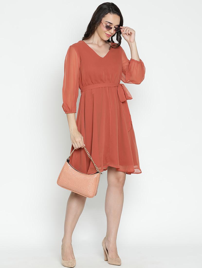 women rust solid fit & flare dress - 21496489 - Standard Image - 4