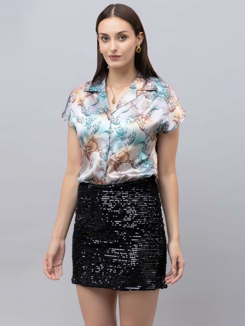 women printed lapel neck short sleeves shirt - 21496534 -  Standard Image - 1