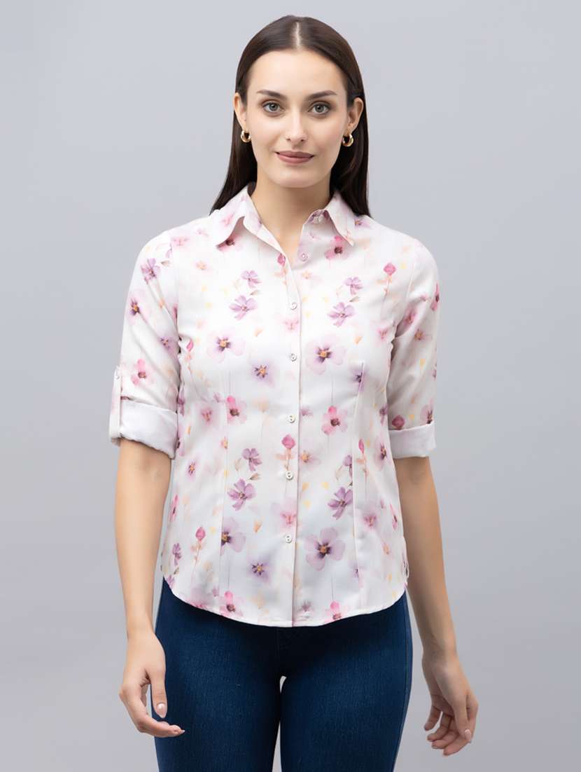 women floral print collared long sleeves shirt