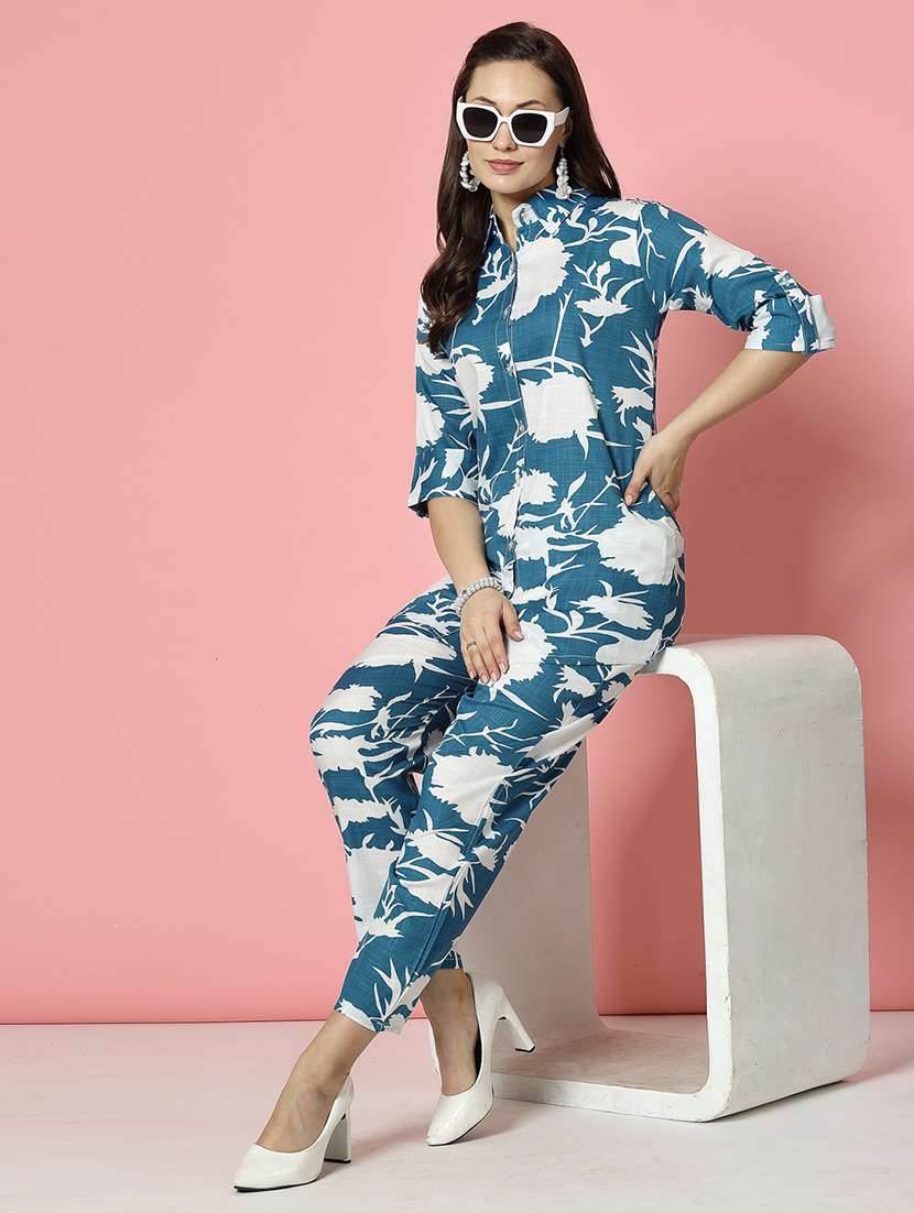 women turquoise rayon shirt and trouser co-ord set - 21496543 -  Standard Image - 1