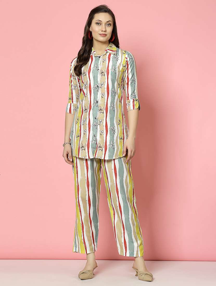 women multi colored rayon shirt and trouser co-ord set